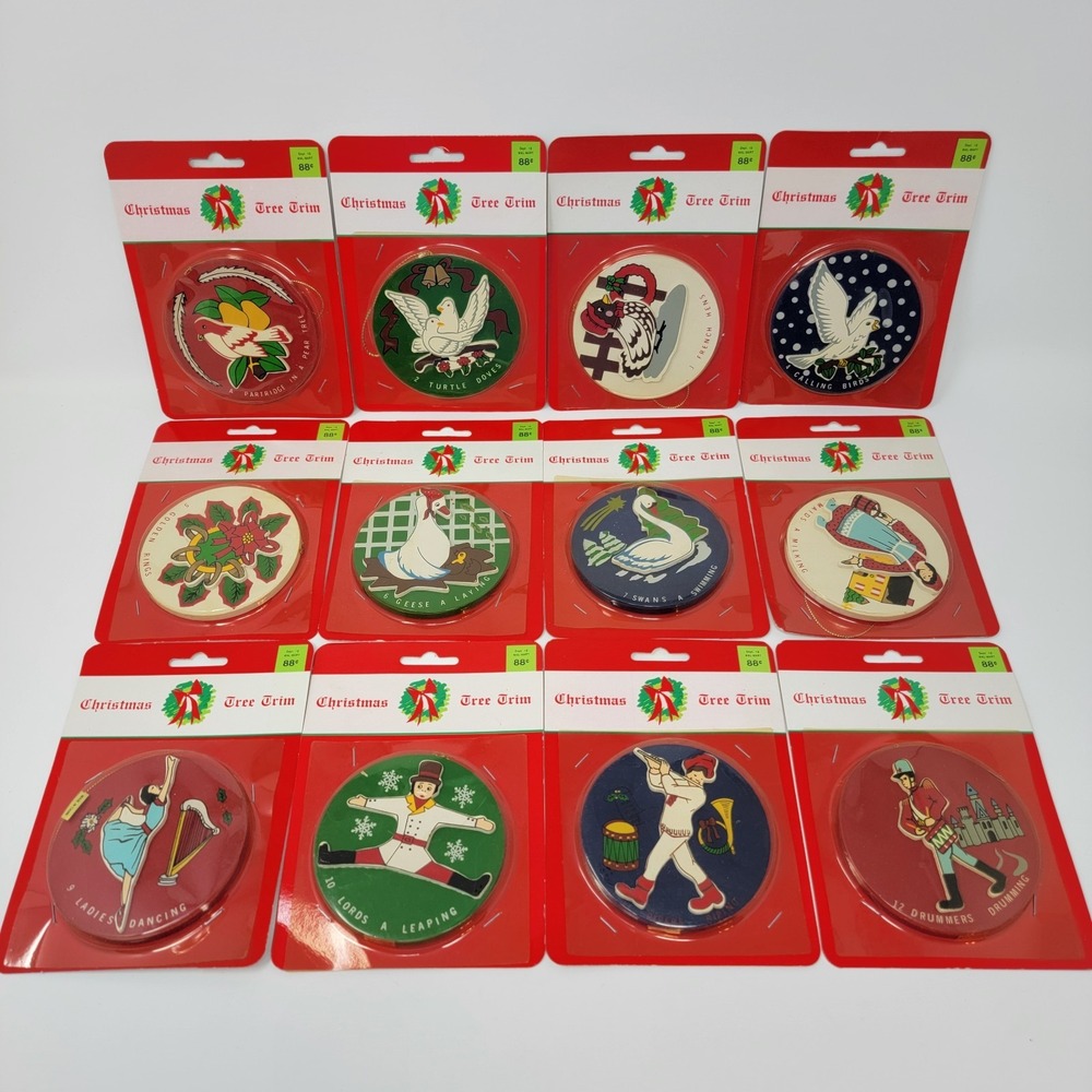 NOS Vintage Christmas Tree Trim 12 Days of Christmas Wood Ornaments Complete Set
